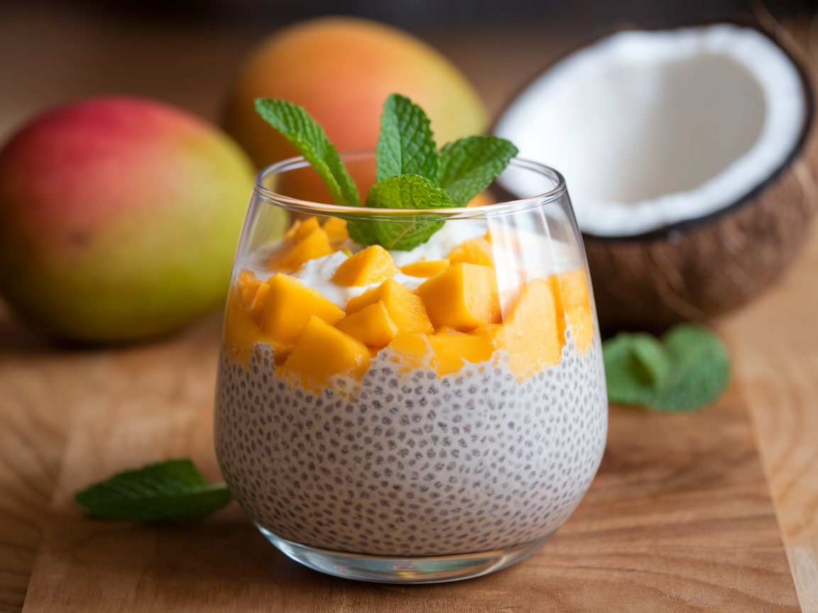 Tropical mango coconut chia pudding layered in a glass with mint leaves, mango chunks, and a coconut shell.